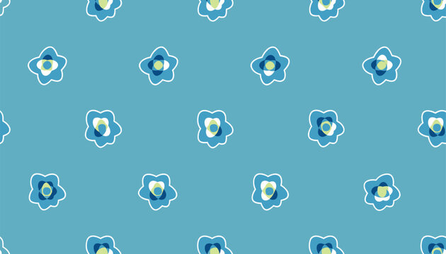 Seamless pattern of cute stylized five-petal flowers in shades of blue with simple white outlines on a teal background.