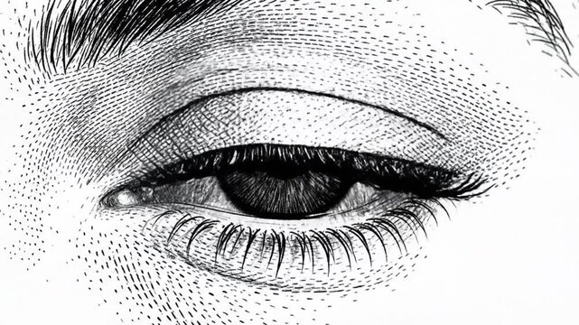 Detailed black and white engraving illustration of a human eye with lashes
