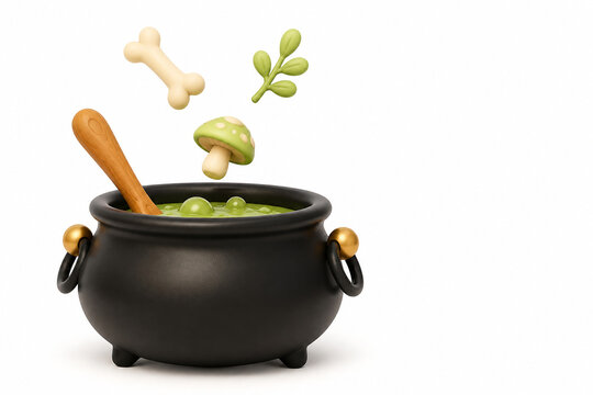 A chubby cauldron seen from a low tabletop angle with a stubby wooden spoon leaning on the rim and three rounded ingredients floating in the air above, against a pure white void. Generative AI.