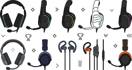 Gaming Headset and Earphone Collection with Wired Over Ear Headphones, Boom Microphones, In Ear Audio Devices, and Esports Vector Illustration Set © Nasima