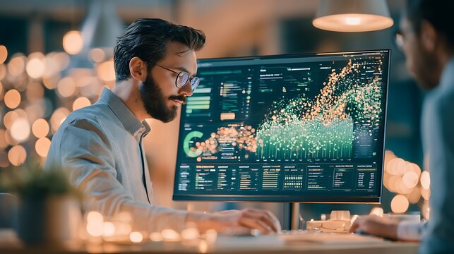 Investment Dashboard ESG impact investment dashboard on widescreen monitor, environmental social governance scores for portfolio companies arranged in elegant data visualization, green metrics 