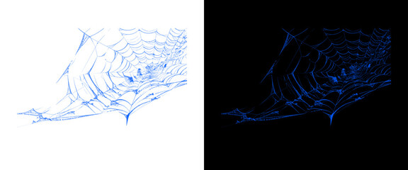 Blue spider web illustration set, glowing cobweb design elements on black and white backgrounds, spooky halloween spiderweb graphics © Stocker BD
