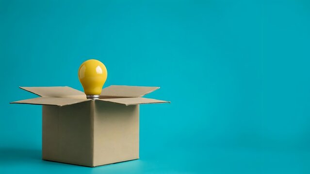 Yellow light bulb inside an open cardboard box on a blue background