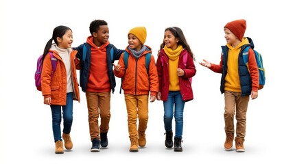 Fototapeta premium Group of diverse happy school children walking together wearing colorful winter clothes and carrying backpacks for school