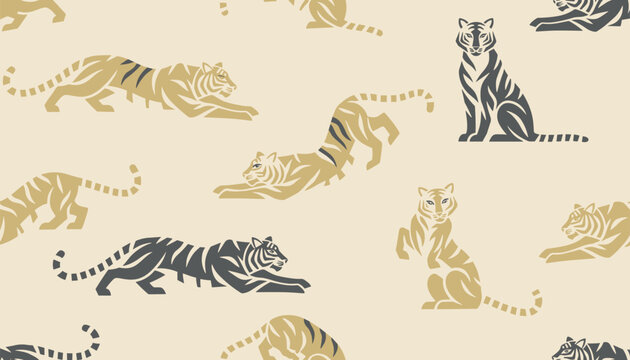 Beautiful tiger seamless pattern displays wild cats in active and resting poses with golden and grey colors on beige.
