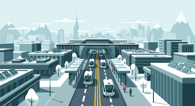 Buses traveling on a snow-covered city street in winter.