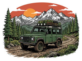 Obraz premium Green offroad car driving on mountain forest road adventure vector illustration
