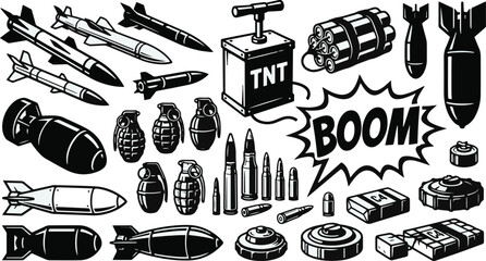 A collection of vintage style black and white hand drawn military explosives missiles bombs grenades and ammunition design elements © Rujina