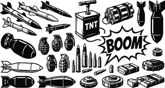 A collection of vintage style black and white hand drawn military explosives missiles bombs grenades and ammunition design elements