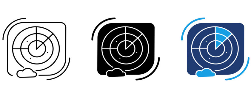 Weather radar icon set with sweep scan lines and cloud. Symbol of Doppler radar monitoring, meteorology forecast, storm tracking, atmospheric detection, radar dish, and climate observation.