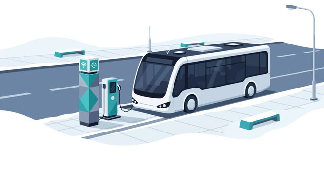 Modern Electric Bus Charging at a Roadside Station.