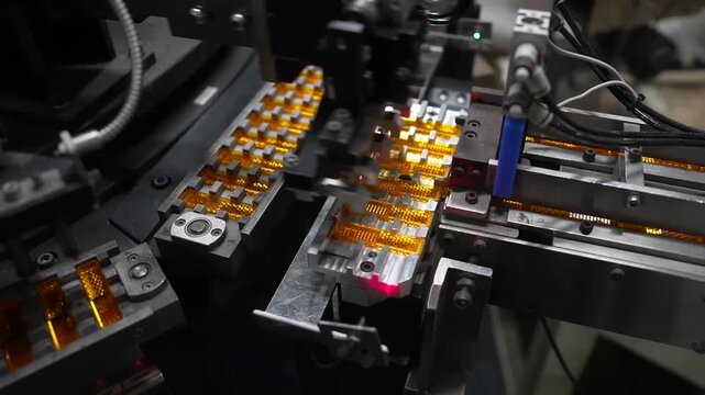 Automated assembly machine handling rows of orange molded plastic parts