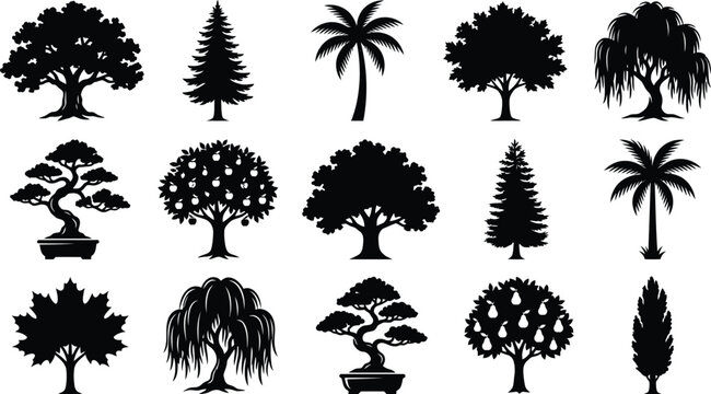 Collection of fifteen black silhouette depicting various tree species including oak, pine, palm, maple, willow, and bonsai trees
