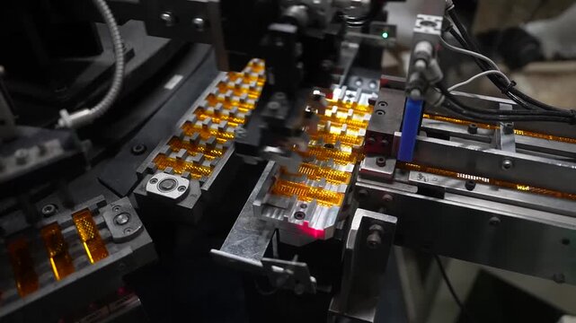 Automated pick and place machine handling a row of orange molded plastic parts