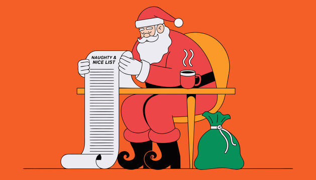 Santa claus checking long naughty and nice list while drinking hot beverage at desk with vector illustration elderly scroll while sitting white beard reading
