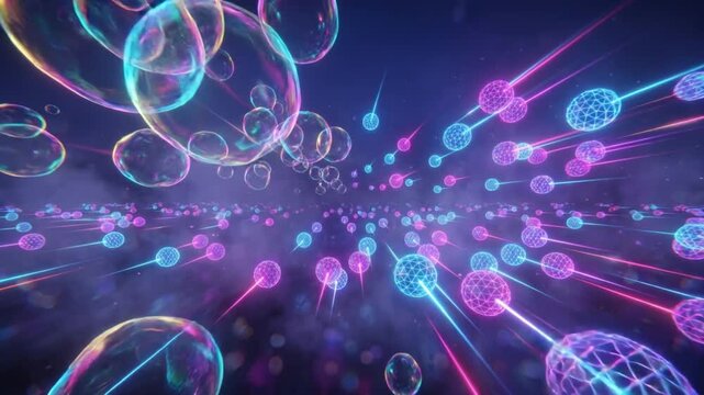 無限のデジタル空間から幾何学的な球体とホログラムの膜が手前へ向かって増殖し展開する3DCG映像