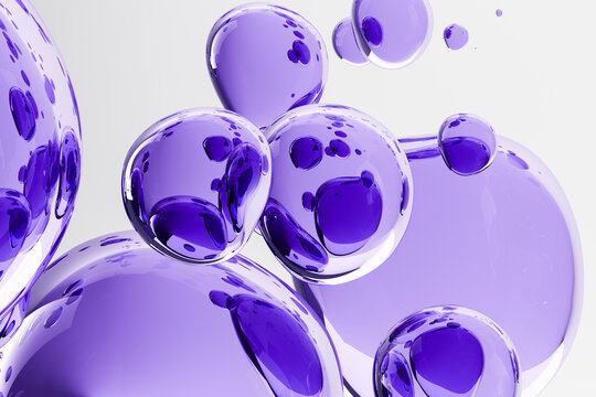 Abstract 3D render of glossy purple serum bubbles. Luxury skin care concept with hydrating cosmetic ingredients, molecular beauty technology, self-care, smooth liquid texture and copy space.