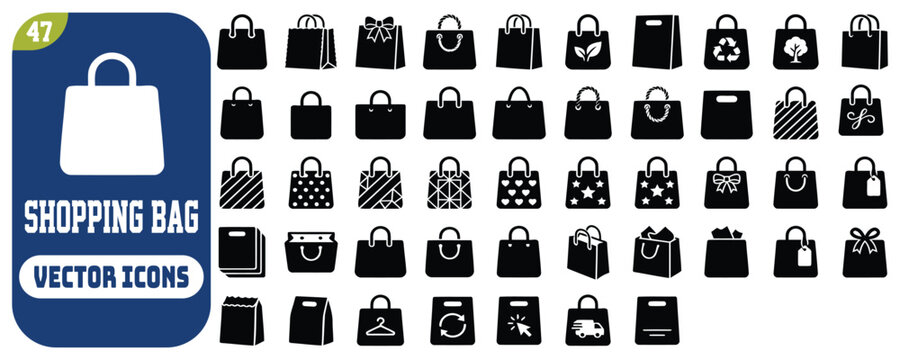 Shopping bag icons in various vector styles featuring paper gift bags with handles and patterns for retail commerce and online store packaging design.
