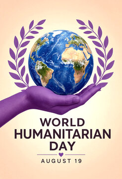Illustration of a hand holding earth with laurel wreath for world humanitarian day celebration