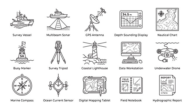 Hydrographic survey icons set, marine mapping and oceanography equipment vector, 15 nautical research and underwater exploration line symbols