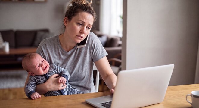 An overwhelmed young mother trying to work on her laptop and talk on the phone while holding a crying baby in her living room.