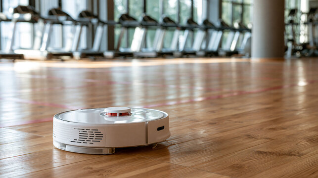 White smart robotic vacuum cleaner operating on polished wooden floor in modern gym, automated floor maintenance, smart home tech and cleaning device