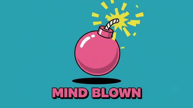 Cartoon pink bomb with burning fuse and mind blown text