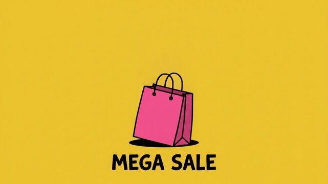 Pink shopping bag floating above Mega Sale text on yellow