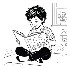 Hand drawn coloring page of a young boy reading a book, little child sitting on floor with picture book, black and white line art vector illustration