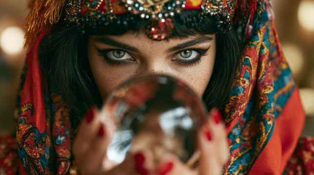 A fortune teller in a beaded headscarf and layered jewelry gazes into a glowing crystal ball on ornate cloth-draped table, candles, incense, tarot cards, copy space. Mystical psychic reading scene