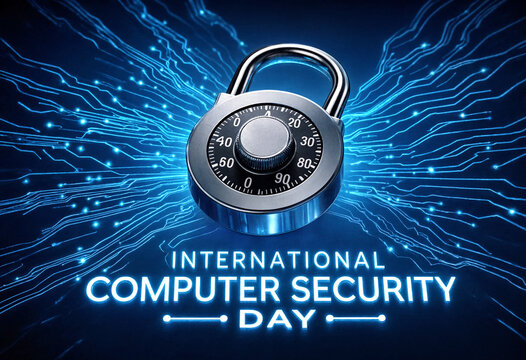 Modern digital combination lock glowing with circuit lines for international computer security day concept