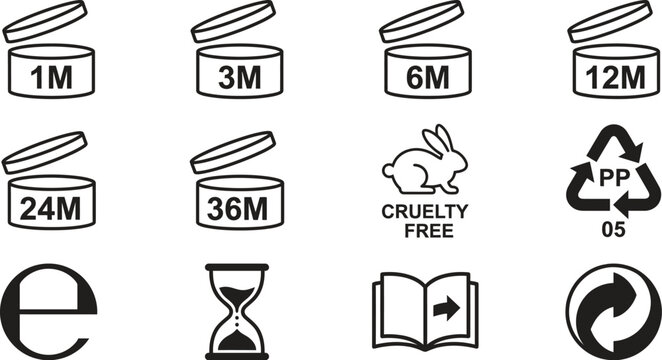 Cosmetic symbol set including period after opening, cruelty free, recycling, and expiration time icons