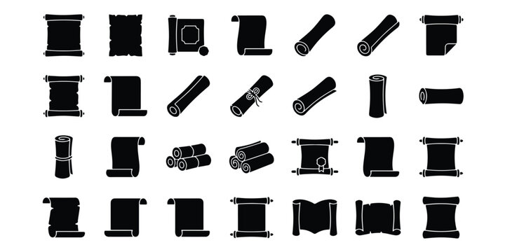 Collection of parchment scroll silhouettes and rolled document icons with rolled up parchment document manuscript silhouette certificate literature collection isolated communication material