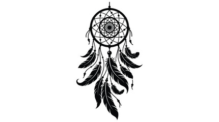 Fototapeta premium Dreamcatcher With Feathers And Spiral Web Black Silhouette