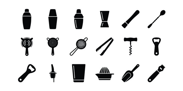 Set of bartender tools and bar equipment icons with bartender cocktail equipment mixology silhouette collection corkscrew strainer bartending nightlife beverage drinkware