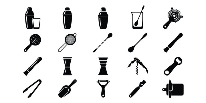Bartender barware tools icon set silhouette illustration with bartender cocktail strainer equipment mixology beverage utensils restaurant hospitality accessory preparation silhouette