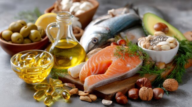 Food. Seafood. Salmon. Olive Oil. Nuts. Ingredients.