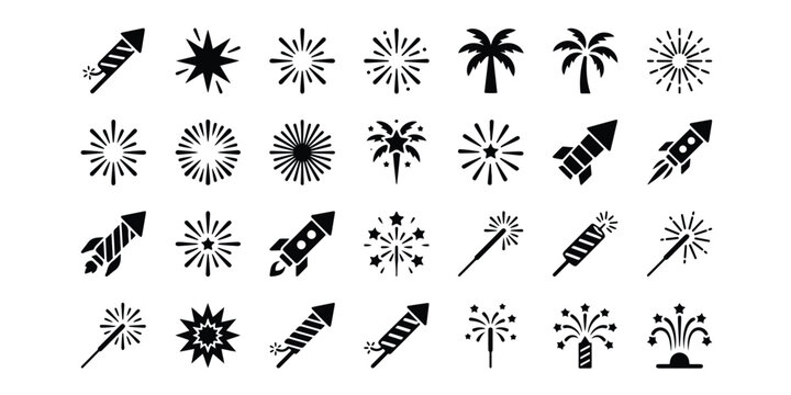 Set of firework and rocket icons with explosions fireworks explosion celebration silhouette sparkler pyrotechnics isolated pyrotechnic seasonal celebrate festivity collection nighttime
