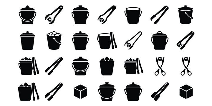 Set of ice bucket and tong icons for catering and bar service with catering beverage restaurant silhouette collection equipment refreshment pictogram minimalist isolated hospitality