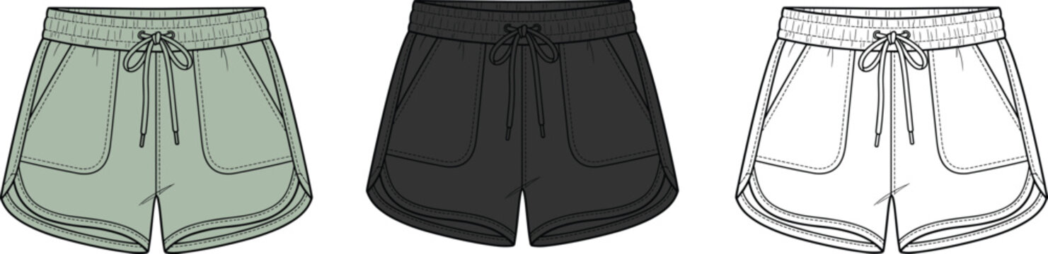 Women's athletic runner shorts technical flat sketch vector template set with pockets and drawstring