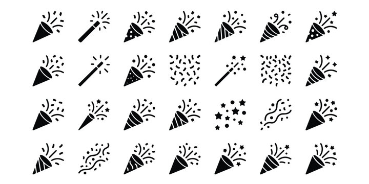 Festive party popper and celebration sparkler icons with confetti sparkler celebration birthday explosion silhouette collection anniversary scattered decoration carnival isolated