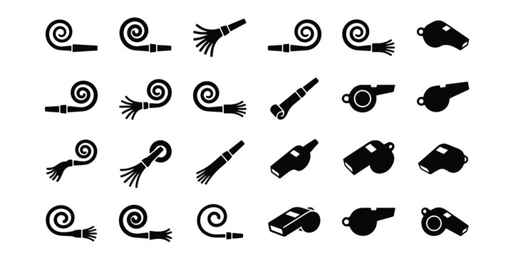 Set of party blower and whistle icons with noisemaker celebration birthday collection silhouette isolated interface announcement attention festival activity instrument