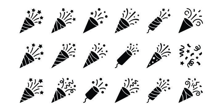 Party popper and confetti celebration icons with confetti celebration birthday explosion silhouette collection anniversary scattered decoration carnival isolated illustration