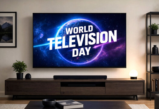 Modern living room with large television displaying world television day celebration graphic design