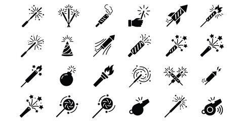 Graphic set of handheld fireworks and party pyrotechnics with fireworks pyrotechnics sparklers celebration festival silhouette collection isolated entertainment activity explosion new year © Motiur