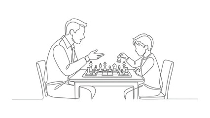 Fototapeta premium Father Teaching Son Chess Strategy One Line Drawing