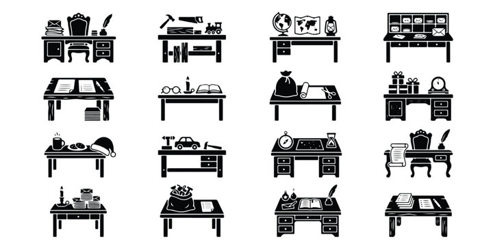 Vintage desks and office furniture workspace icons with home office writing desk old fashioned furniture workspace stationery academic interior historical business education document