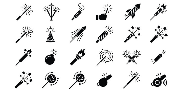 Graphic set of handheld fireworks and party pyrotechnics with fireworks pyrotechnics sparklers celebration festival silhouette collection isolated entertainment activity explosion new year