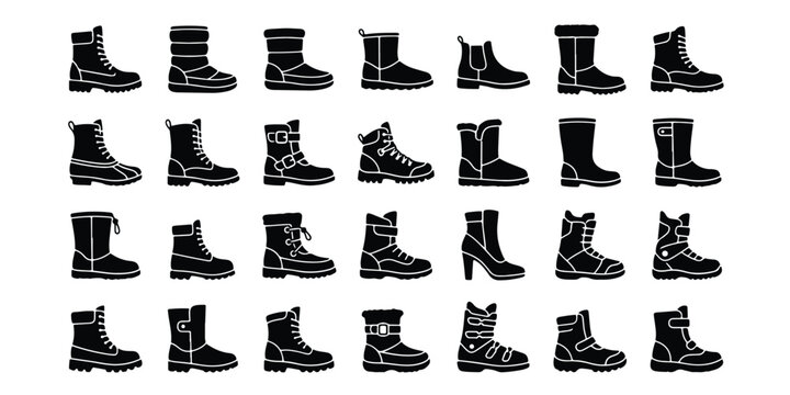 Set of black silhouettes of winter boots and shoes with footwear silhouette collection accessory clothing protection isolated walkwear equipment wardrobe selection