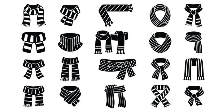 Assorted collection of winter scarf silhouettes with accessory set black and white clothing accessory neckwear silhouette collection isolated protection seasonal wardrobe selection